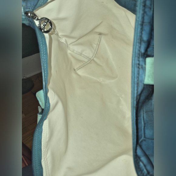 Rare Longchamp Le Pliage Ostrich Trim Nylon Croc Print Tote Blue/teal - Picture 14 of 16